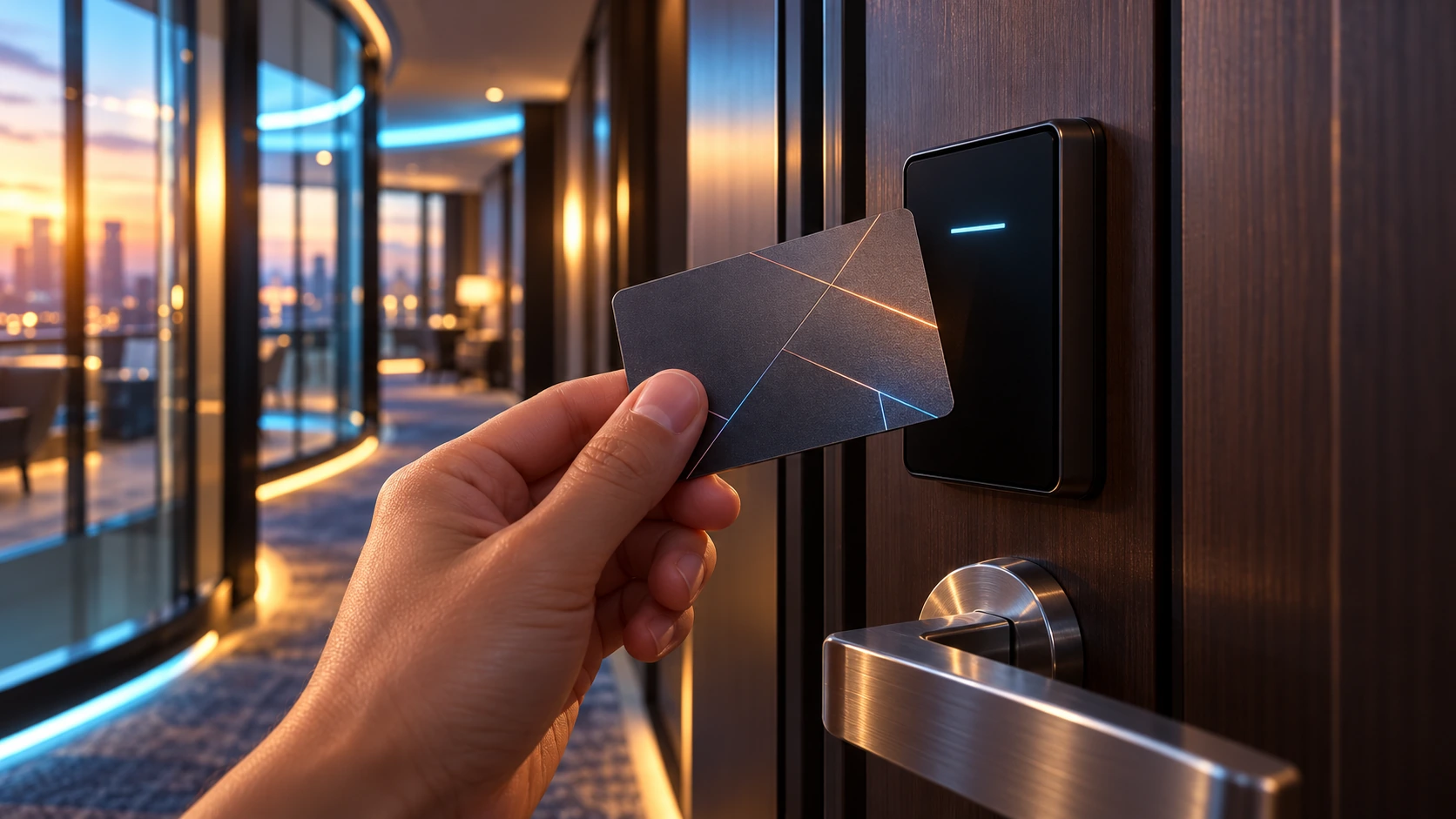 Futurystyczna koncepcja karty hotelowej reprezentująca następną generację technologii dostępu w hotelarstwie