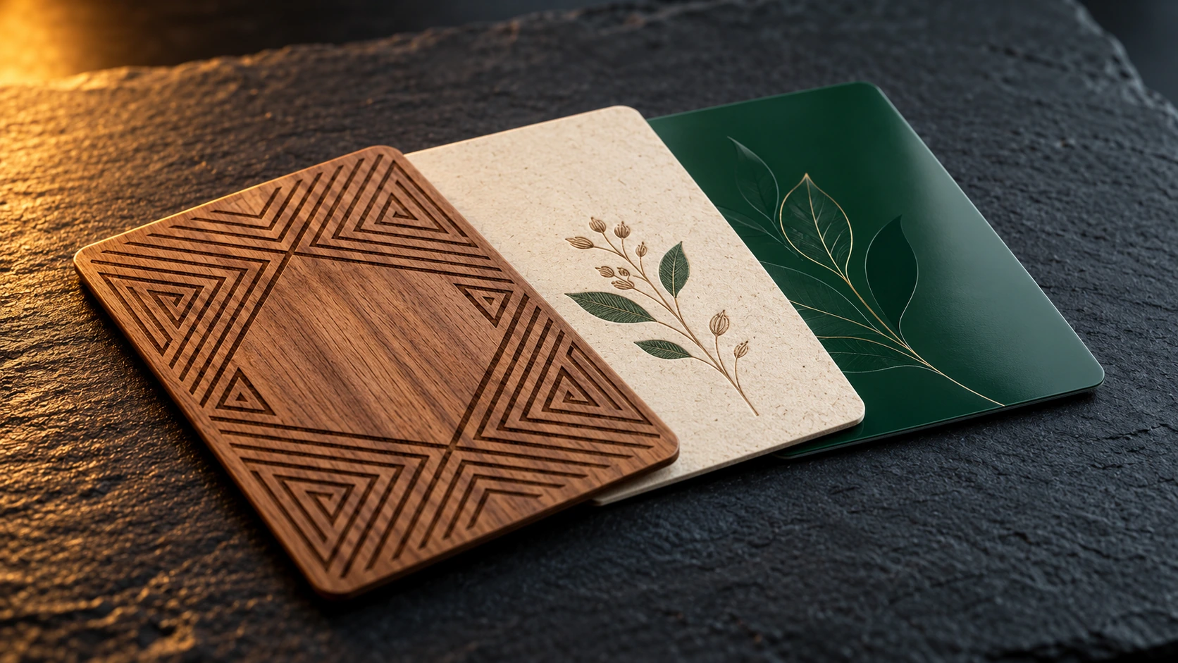 Wood, BioBoard and recycled-PVC hotel key card samples