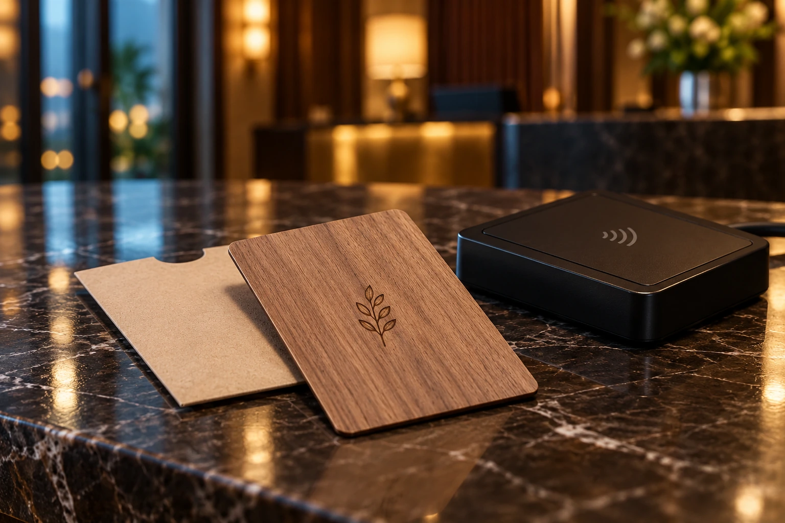 RFID hotel key card with NFC contactless symbol showing how hotel key cards work with radio frequency technology