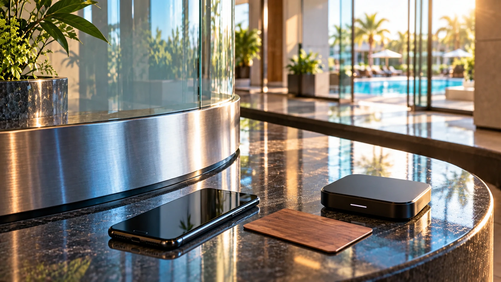 Smartfon, karta hotelowa i czytnik zbliżeniowy na ladzie recepcji