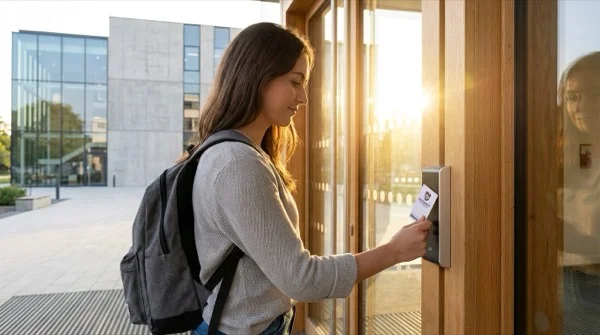 Student tapping RFID card at a university entrance