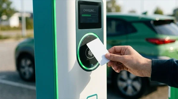 RFID card being tapped at an EV charging station