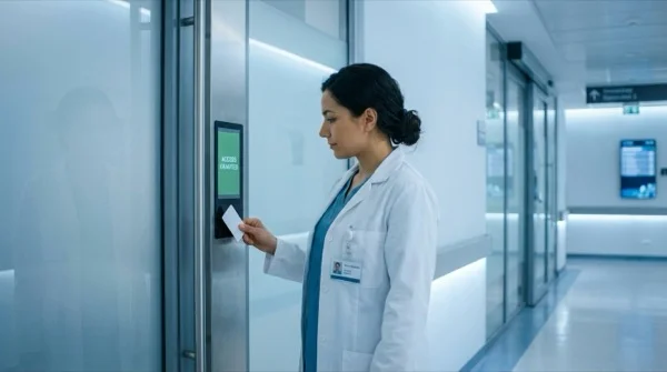 Nurse scanning RFID badge at a hospital door