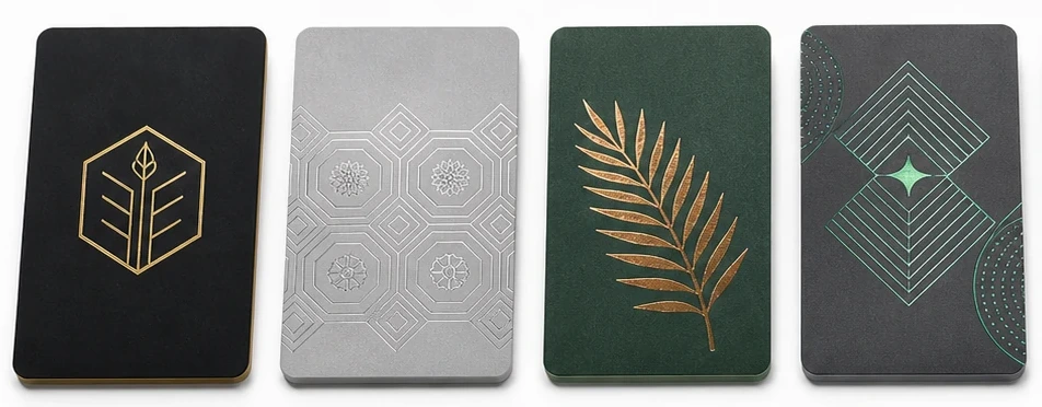 Custom hotel key cards in gold foil, silver metallic and green foil finishes