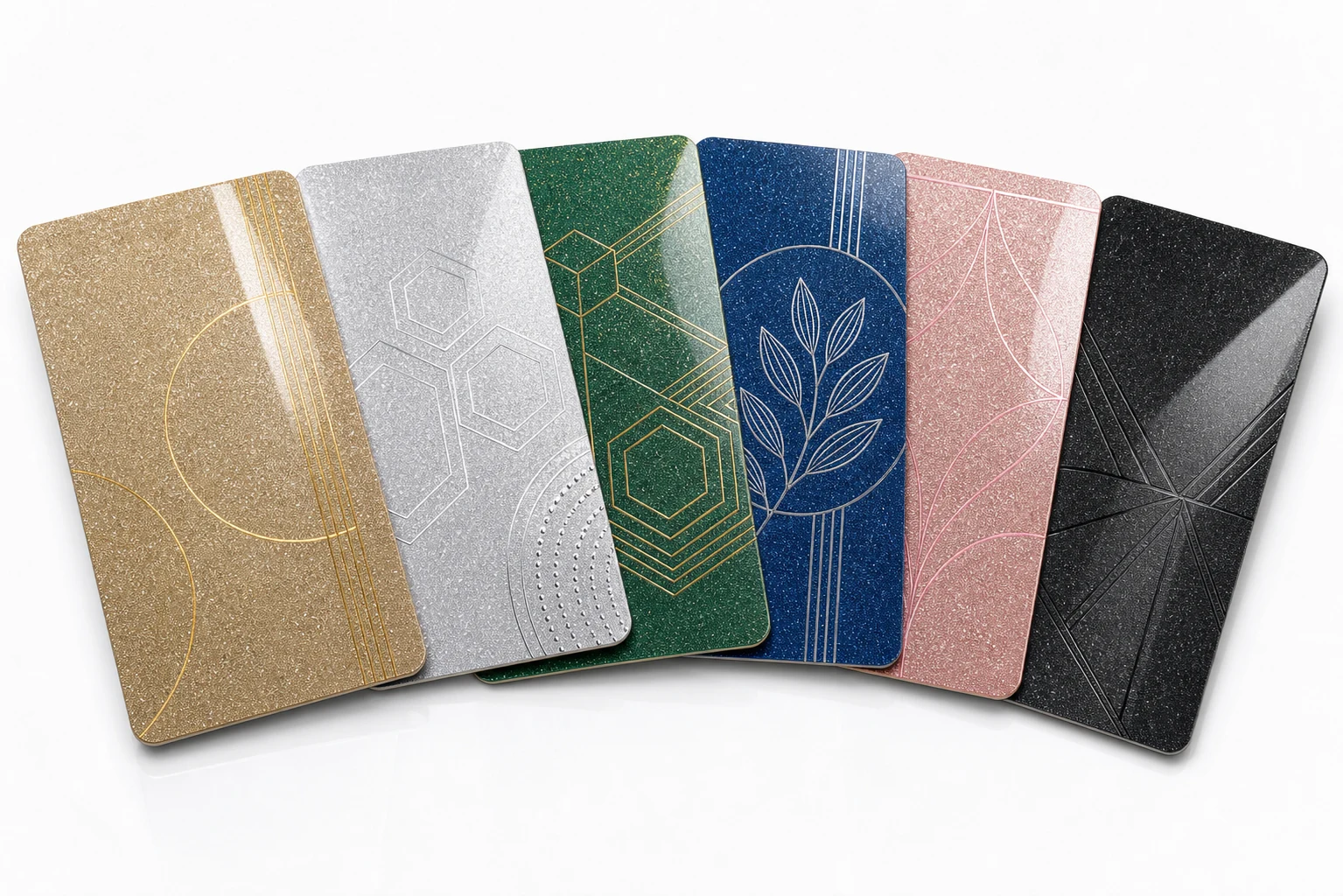 Glossy glitter hotel key cards in multiple metallic colors