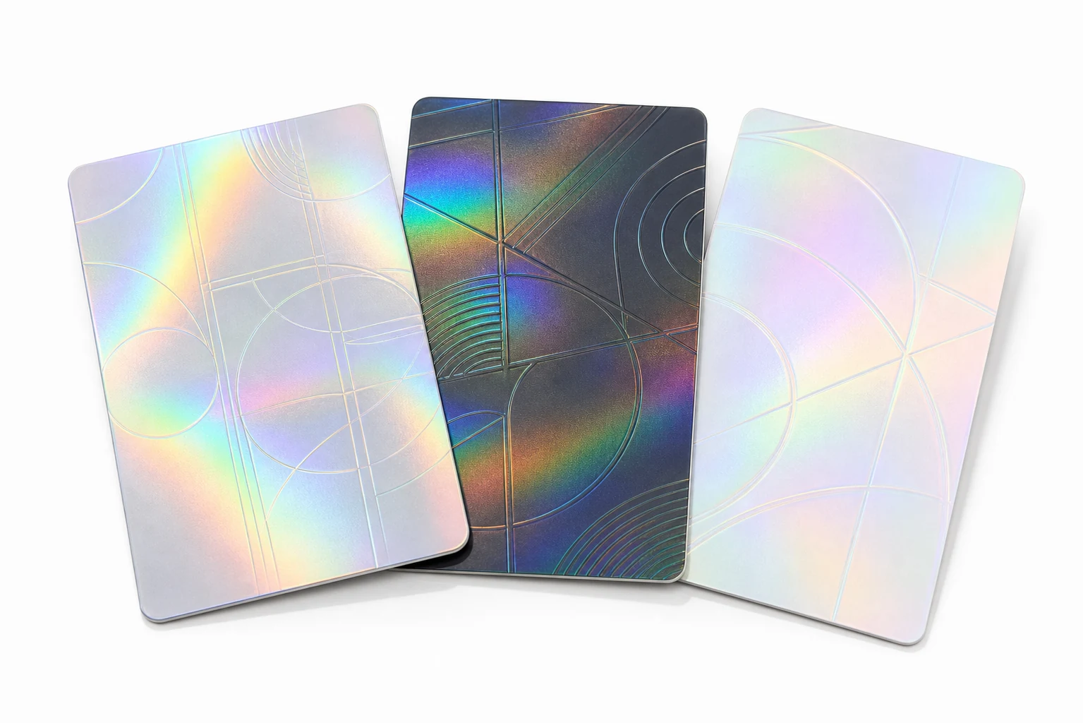Holographic rainbow surface hotel key cards with prismatic laminate