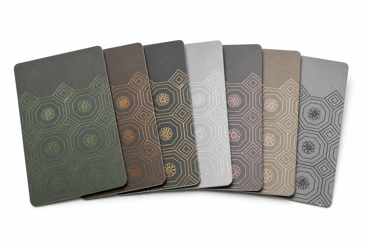 Metallic foil hotel key cards in gold silver bronze green and pink finishes