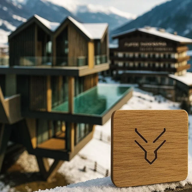 Alpine resort wooden key card with deer antler logo