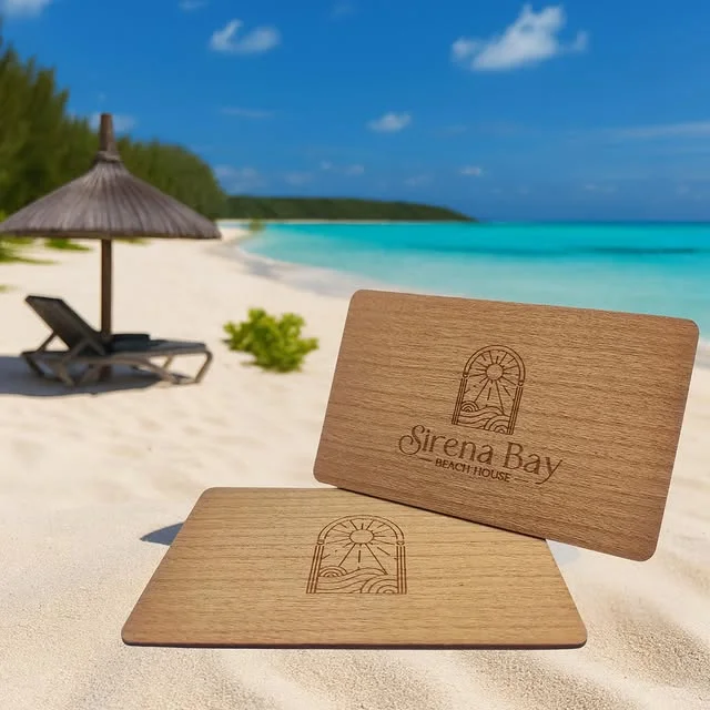 Luxury wooden key cards displayed by the ocean