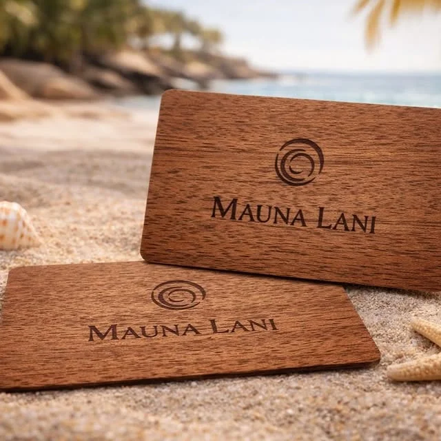 Mauna Lani Hawaii wooden key cards on sandy beach