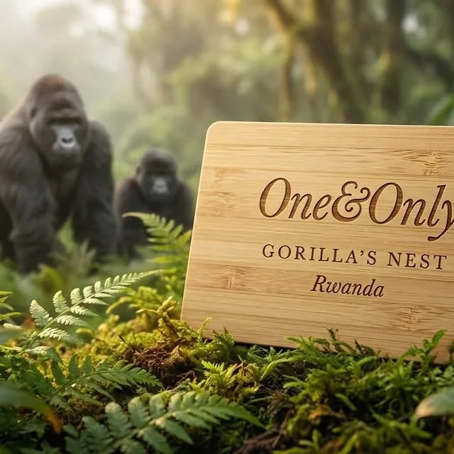 One&Only Gorilla's Nest Rwanda wooden key card in jungle setting
