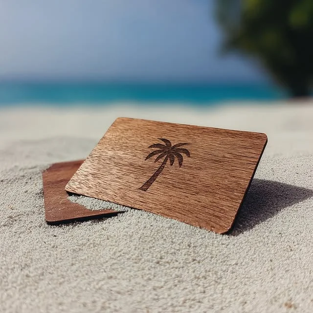 Laser-engraved palm tree wooden key cards on sand