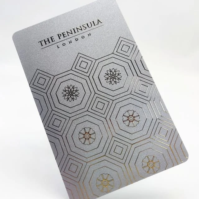 The Peninsula London metallic key card with geometric pattern