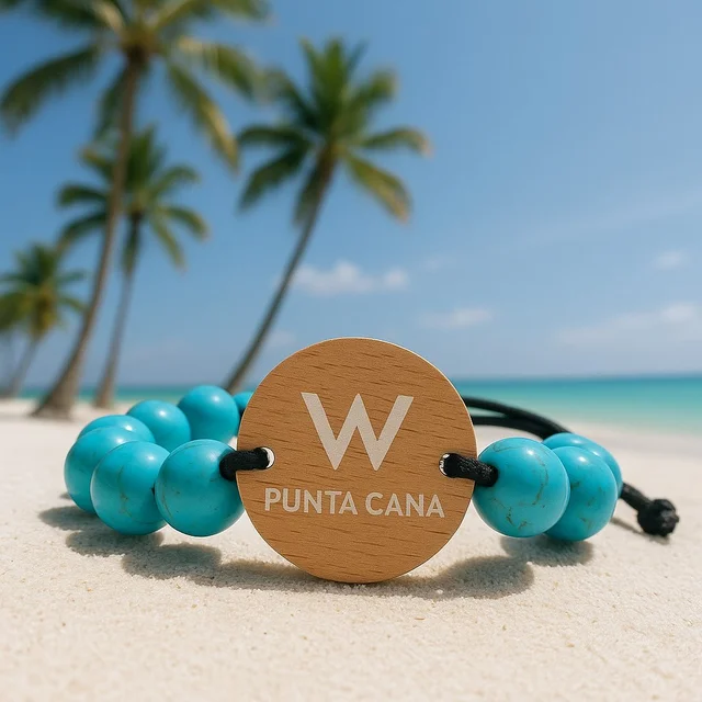 W Punta Cana turquoise beaded RFID wristband on beach