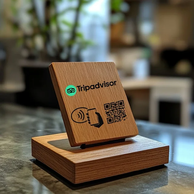 Wooden NFC review tag for TripAdvisor tap-to-review