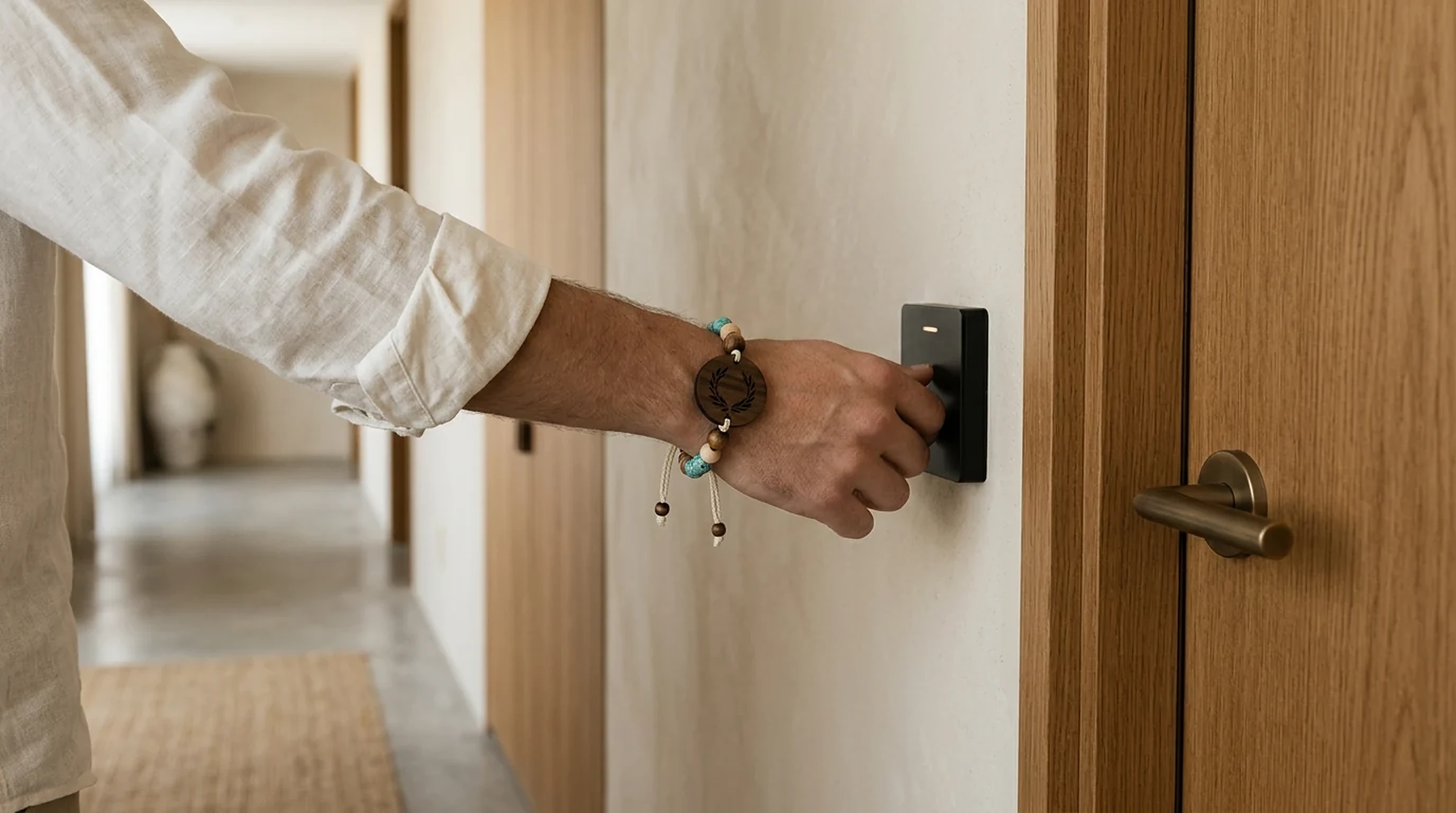A guest taps the engraved RFID band against a discreet reader by a hotel room door