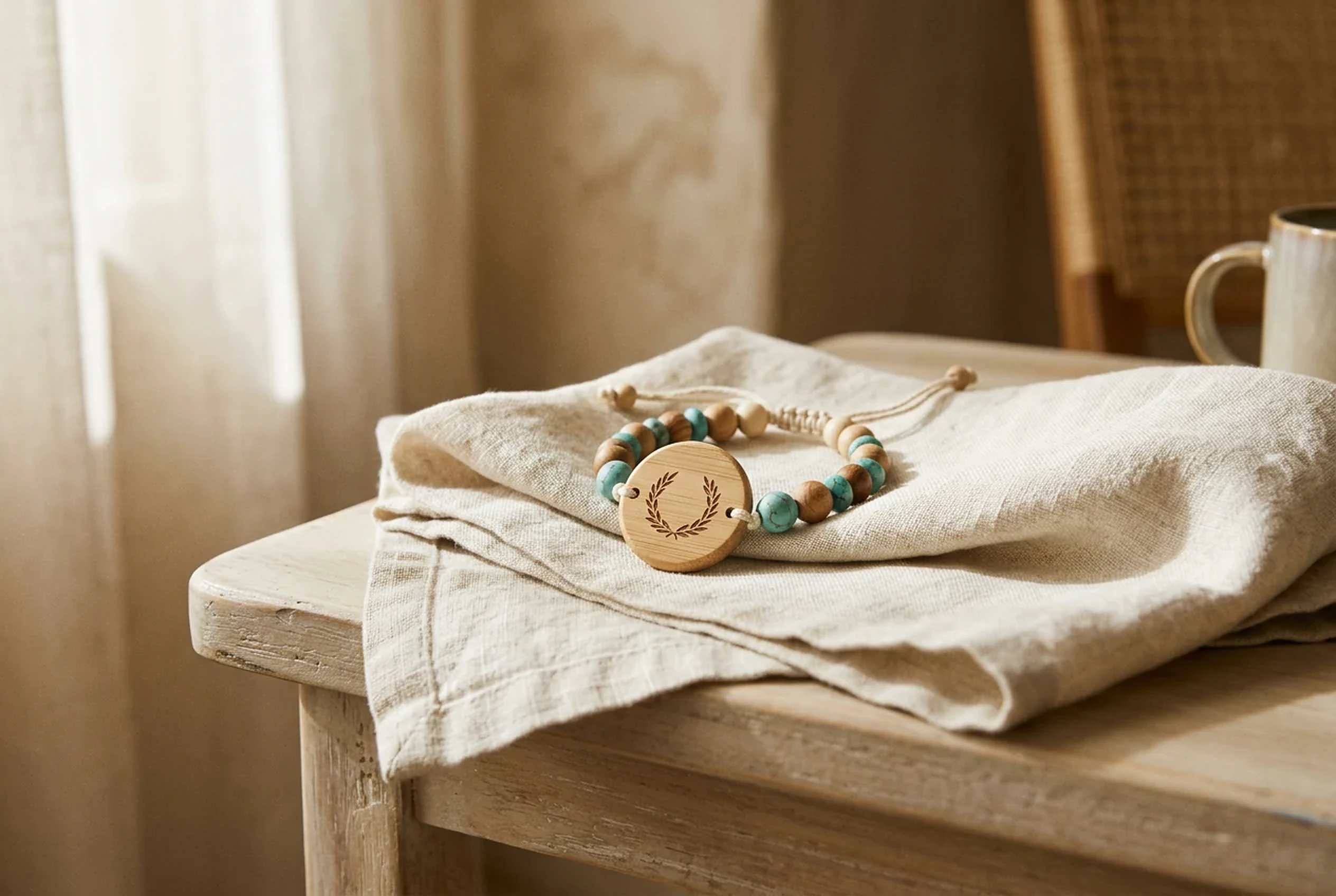 A bamboo-and-wood PrintPlast bracelet with an engraved “Amy & Logan” tag, resting on soft linen.