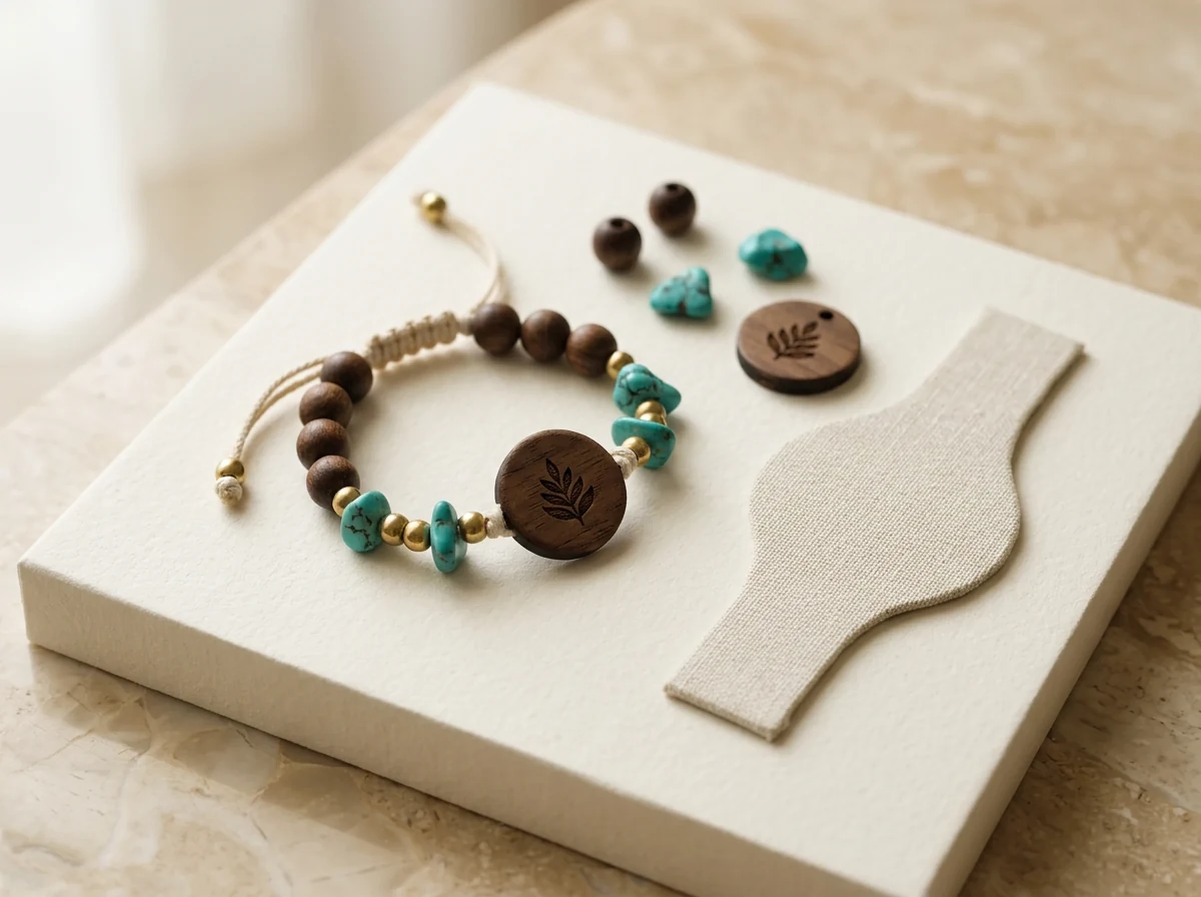 A finished PrintPlast design proof — the Sam & Taylor band with its bead composition, wood tag, engraving and sizing.
