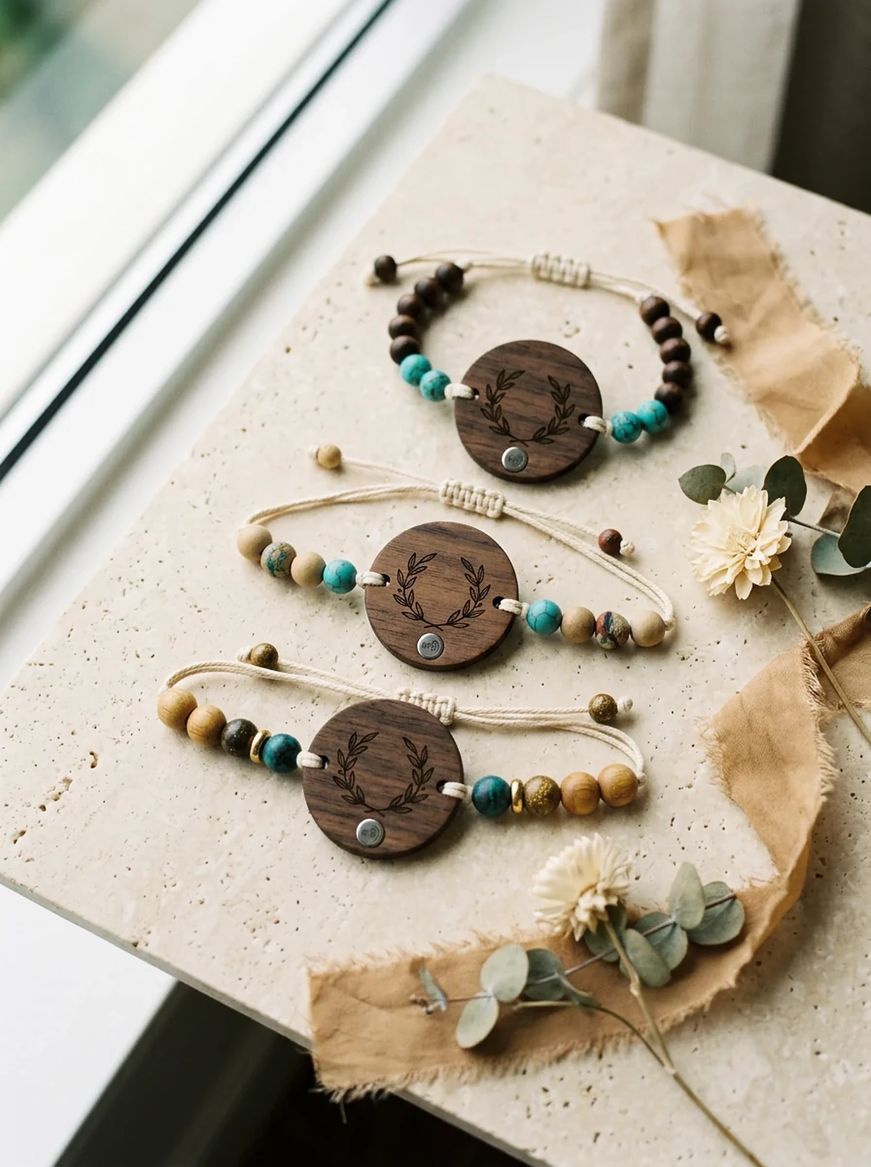 Three real engraved PrintPlast bands — Katy & Jake, Connor & Lana and Amy & Logan — styled on cream stone with silk.