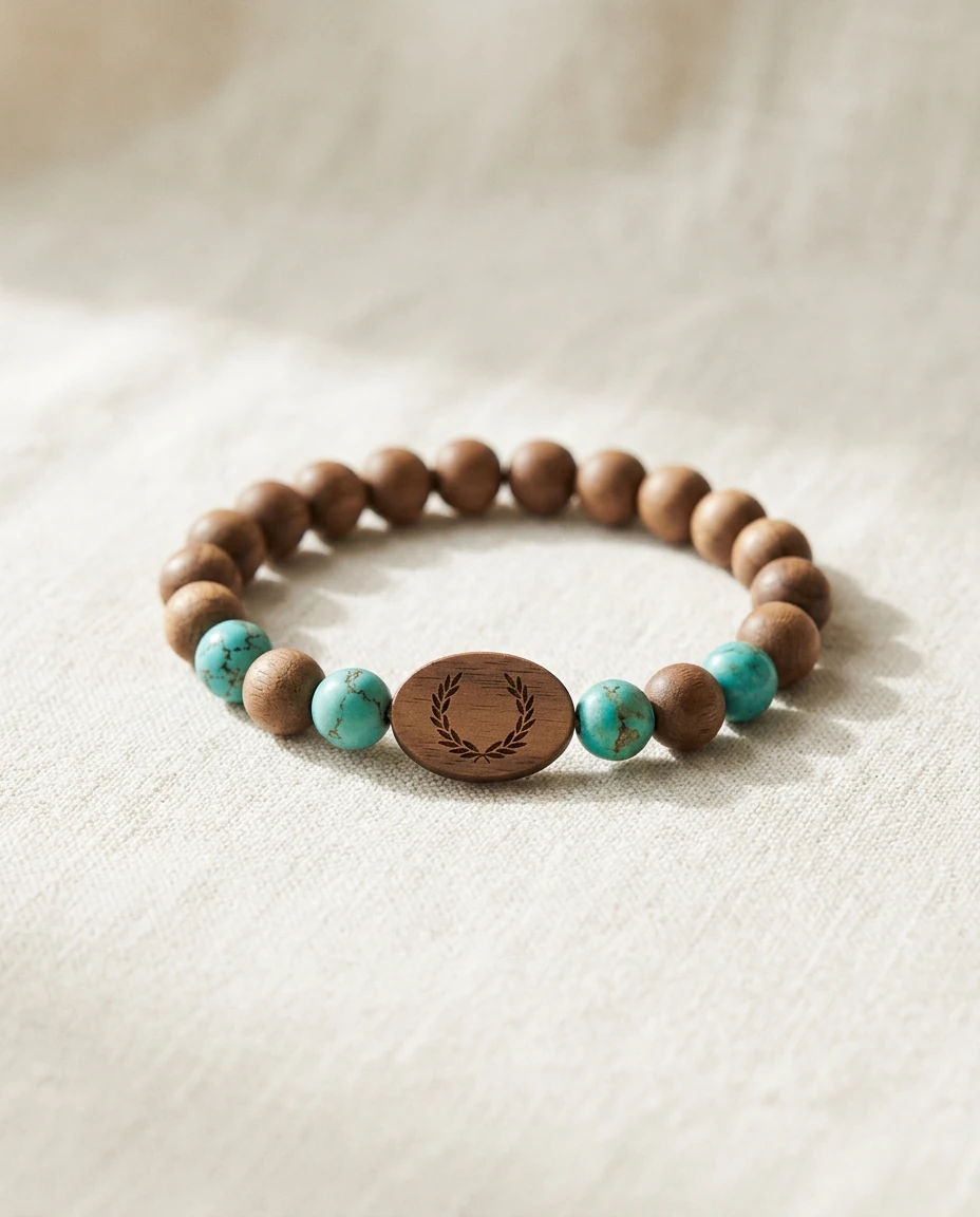 Beaded stretch RFID wristband in walnut and turquoise with an engraved wood tag