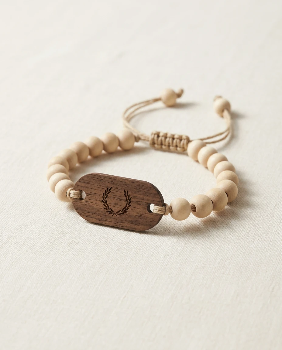 Adjustable macramé drawstring wood-bead RFID wristband with a sliding knot