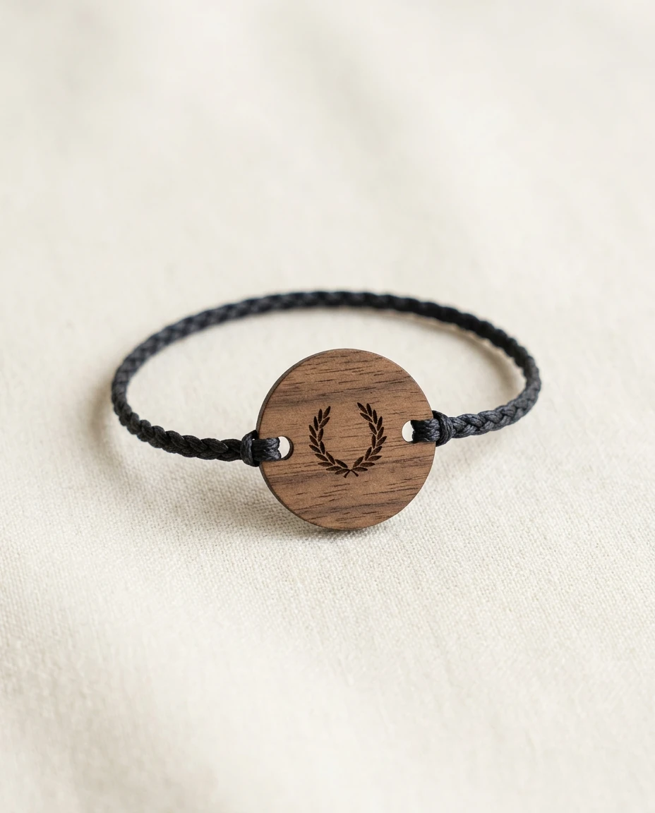 Minimal single engraved wood-charm RFID wristband on a fine braided cord
