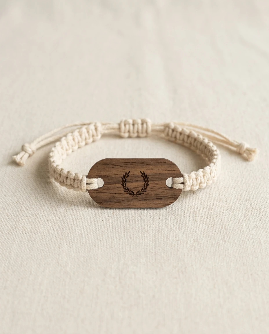Braided cotton rope RFID wristband with an engraved round wood tag