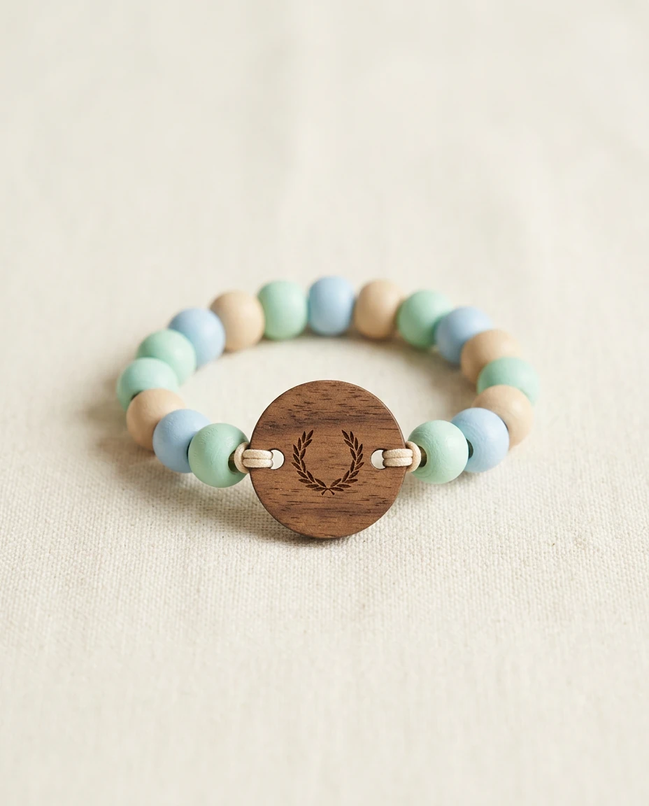 Child-sized pastel wood-bead RFID wristband with a small engraved tag