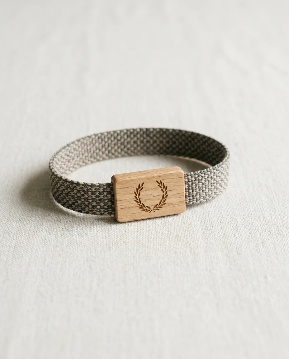 Woven fabric festival RFID wristband with a wood slider tag