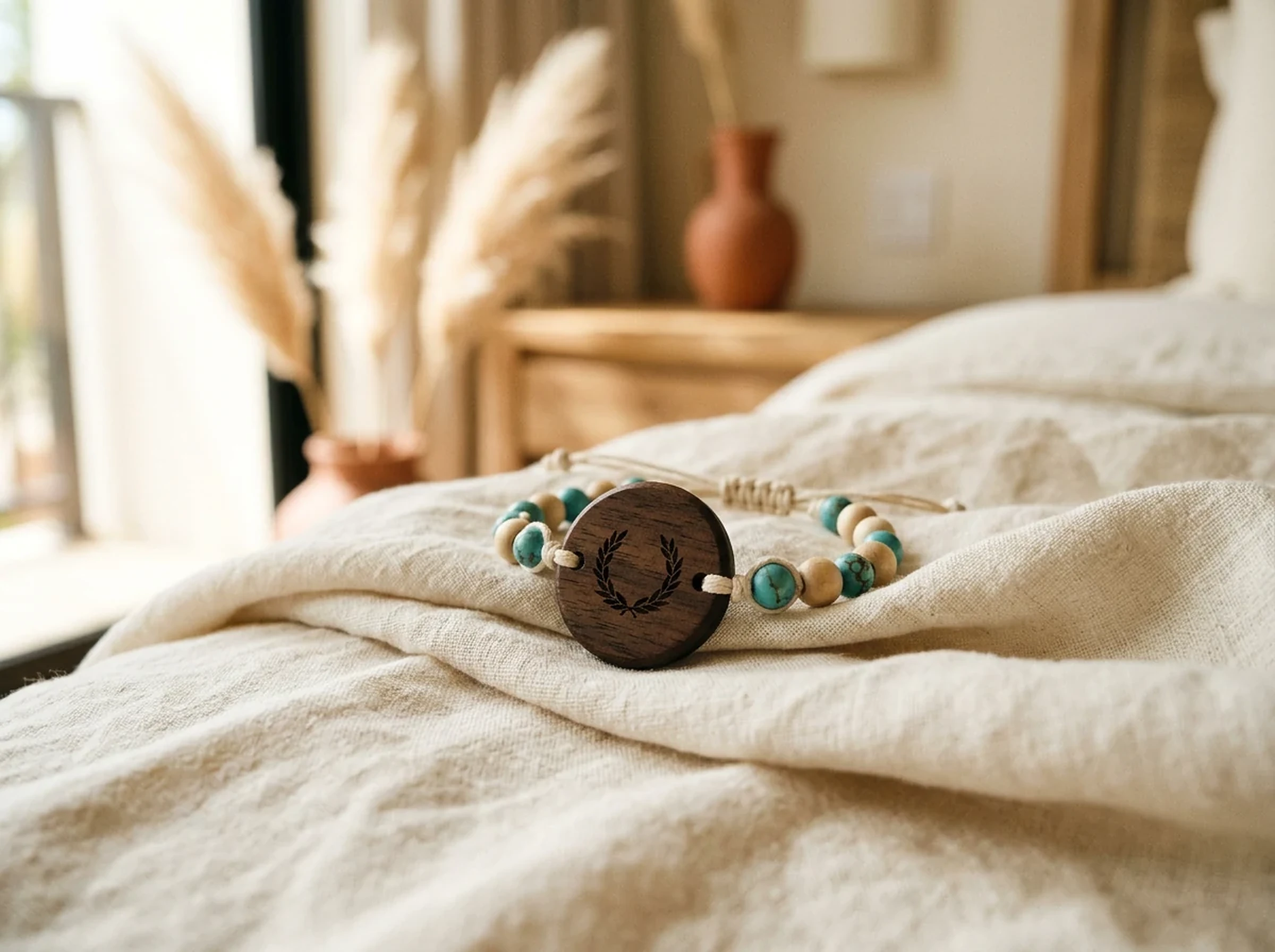 An engraved turquoise-and-wood PrintPlast bracelet — the tag reads “Ali & Jamie” — resting on linen.