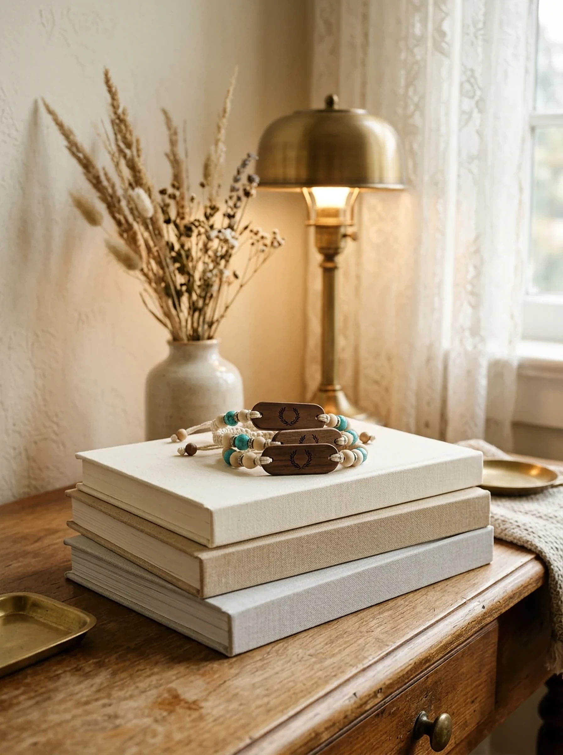 Engraved PrintPlast bands styled on stacked vintage keepsake books — a keepsake your guests will keep.